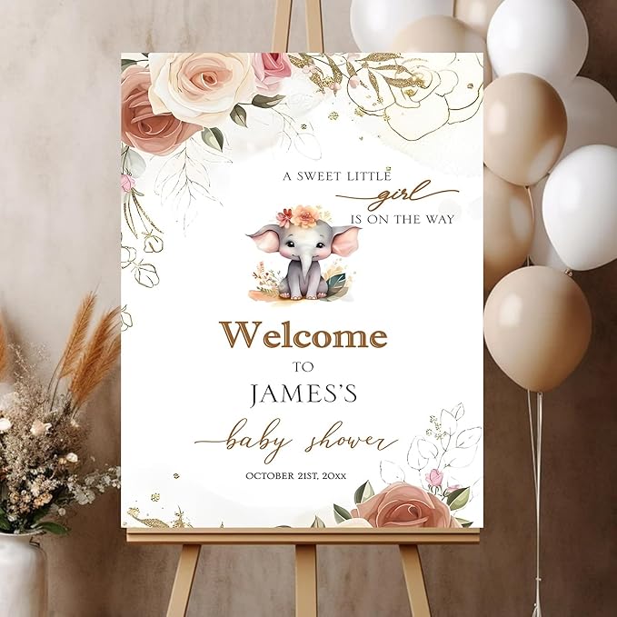 Personalized Baby Shower Sign, Floral, Elephant & Woodland Animals, Full Size, Plastic, Cottage Style