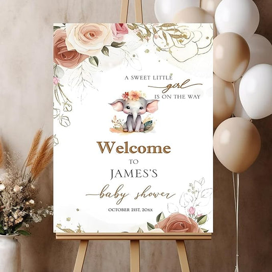 Personalized Baby Shower Sign, Floral, Elephant & Woodland Animals, Full Size, Plastic, Cottage Style