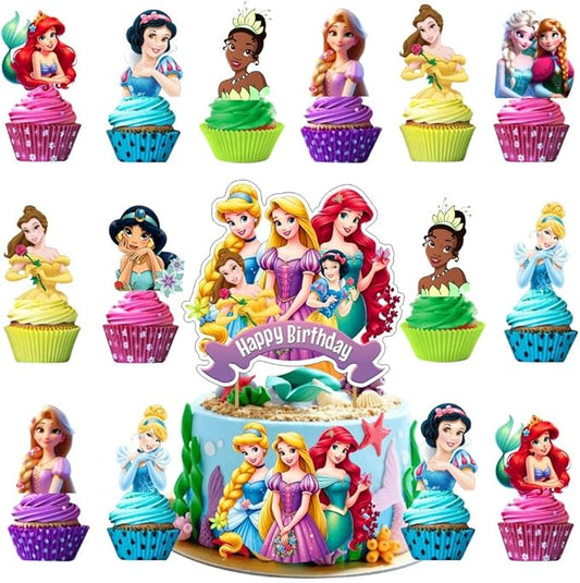25Pcs Princess Cake Decorations with 24pcs Cupcake Toppers 1pcs Cake Topper for Princess Themed Birthday Party Supplies