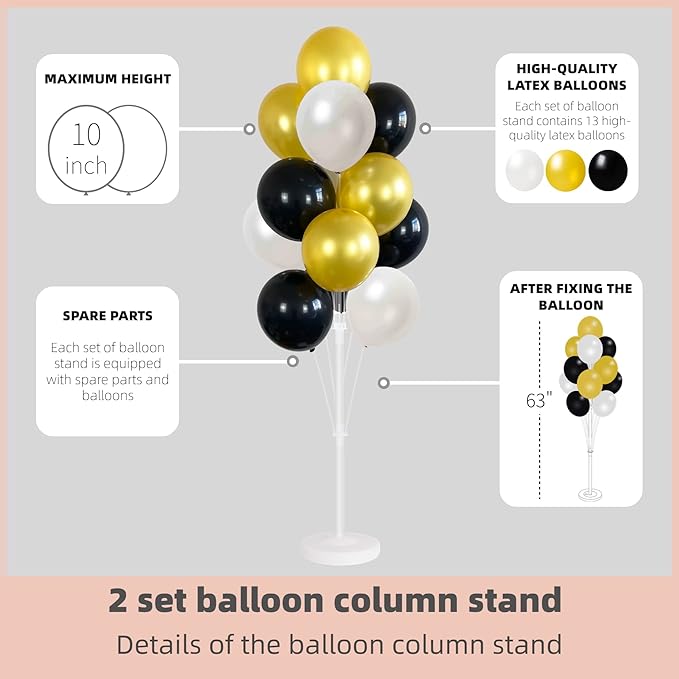 Balloon Column Kit Set of 2 With Balloons Included - Balloon Tower with Stand, Base, and Pole,Backdrop Decoration for Wedding, Baby Shower, Birthday Party, or Bachelorette Parties (Black Gold White)