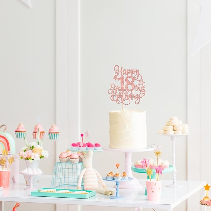 1 PCS Happy 18th Birthday Cake Topper Glitter Cheers to 18 Years Birthday Cake Pick Hello 18 Fabulous Cake Decoration for Happy 18th Birthday Anniversary Party Decorations Supplies Rose Gold