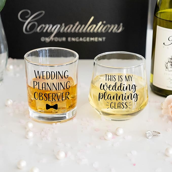 Wedding Planning Glass Engagement Gifts for Couples - Wine Whiskey Fiance Gift for Her and Him - Newly Engaged Couple Unique Glasses with Diamond Wine Stopper