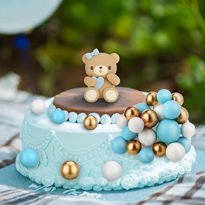 29 Pcs Ball Cake Toppers Bear Cake Decorations with Cute Bear Blue BABY Letter Blue Gold White Foam Balloon for Baby Shower Girl Boy (Blue, White, Gold)