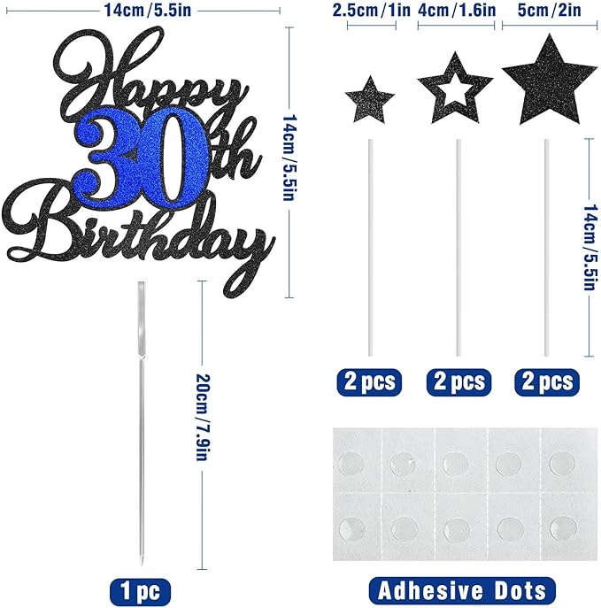Happy 30th Birthday Cake Toppers, Black Blue Glitter Cake Decorations Set, 30th Birthday Decor, Birthday Anniversary Party Decorations Supplies
