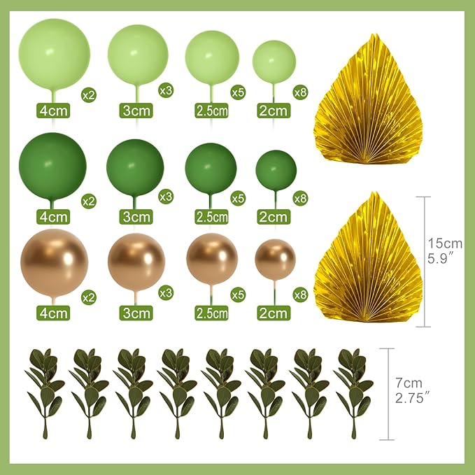 NEBURORA 64 Pcs Balls Cake Toppers and Leaves Decoration Set Mini Balloons for Cake Decorating Supplies Balls Cake decorations for Baby Shower Cake Toppers Birthday Cake Decorations (Green Gold）