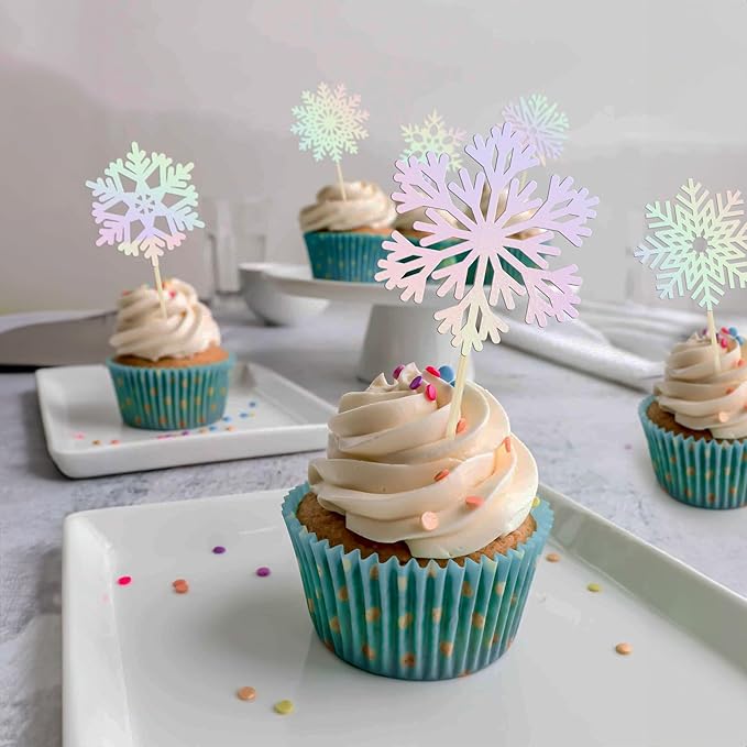 36Pcs Snowflake Cupcake Toppers Laser Silver Glitter Snowflake Cake Toppers Frozen Cake Decorations for Baby Shower Winter Wonderland Christmas Party Cake Decoration Supplies