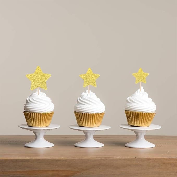 30 PCS Star Cupcake Toppers Glitter Assembled Twinkle Star Cupcake Picks Wedding Engagement Bridal Shower Birthday Party Cake Decorations Supplies Mixed Size Gold