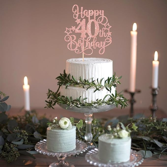 1 PCS Happy 40th Birthday Cake Topper Glitter Cheers to 40 Years Birthday Cake Pick Hello 40 Fabulous Cake Decoration for Happy 40th Birthday Anniversary Party Decorations Supplies Rose Gold