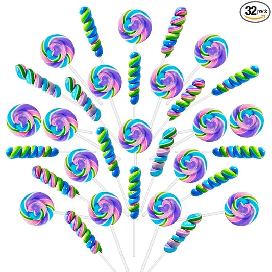 32 Pack Rainbow Twisty & Swirl Blueberry Lollipops - Mermaid Lollipop Candy Individually Wrapped Bulk for Birthday Party Candies, Girls Baby Shower Unicorn Candy Lollipops Suckers