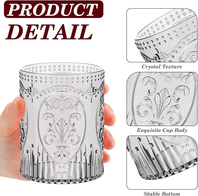 12 Plastic Vintage Drinking Glasses 8.5oz Stemless Retro Embossed Wine Glasses Shatterproof Reusable Cups for Baby Shower Wedding Reception Grand Event Party (Black)