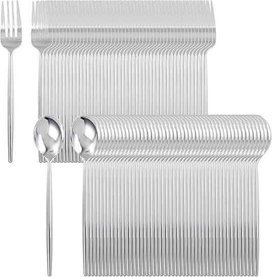 SUT 200Pcs Plastic Silverware,Plastic Spoons and Forks, Disposable Silverware,Silver Plastic Silverware, Disposable Forks and Spoons, Includes 100 forks, 100 spoons for Party, Birthday, Wedding