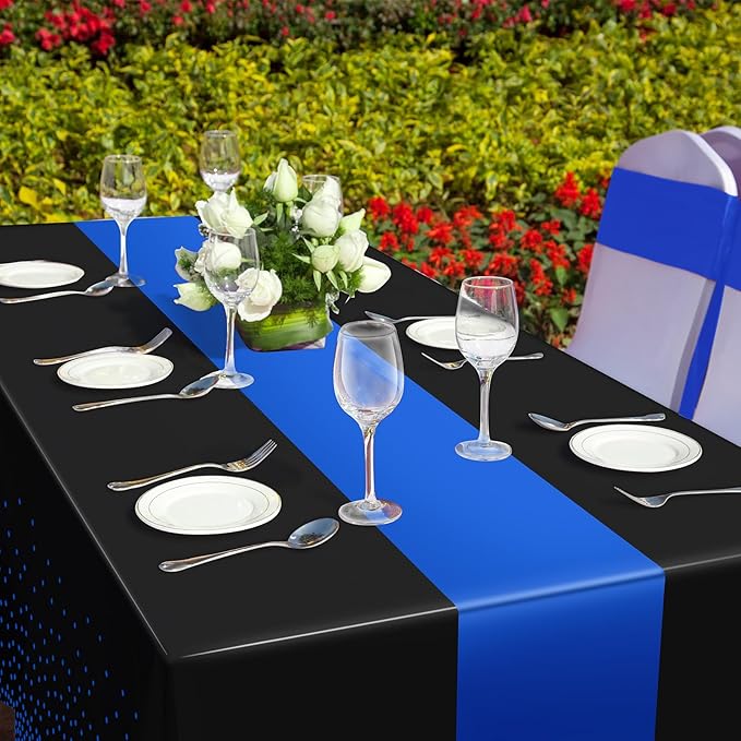 MASHAN 1Pcs Black and Blue Tablecloth Party Decorations,Plastic Black Table Cloth Printed Blue Table Runner Disposable Rectangle Cover for Birthday Wedding Anniversary Graduation Party,54 x108 Inch