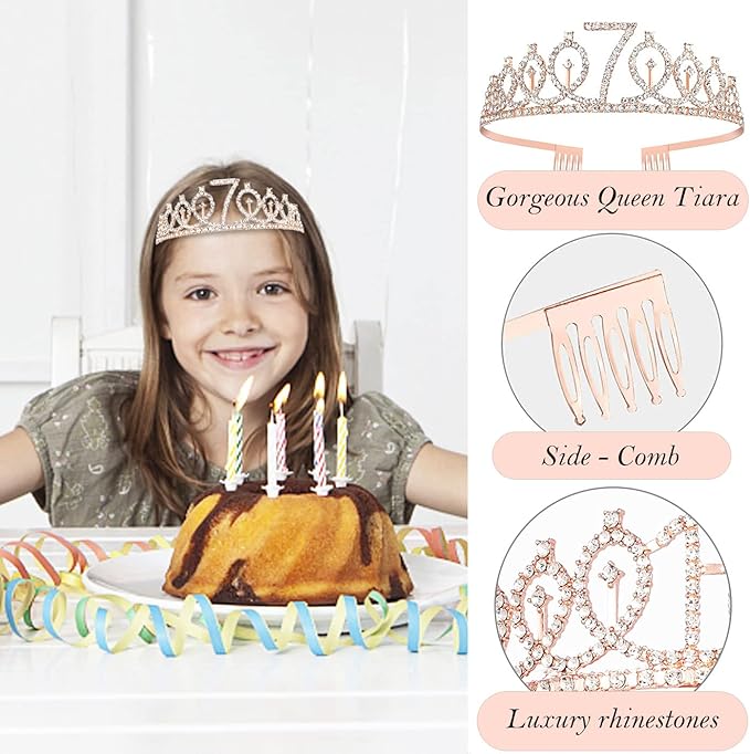 7th Birthday Decorations for Girls, Including 7 year old Birthday Cake Topper, Queen Sash with Pearl Pin, Sweet Rhinestone Tiara Crown, Number Candles and Balloons Set, Rose Gold