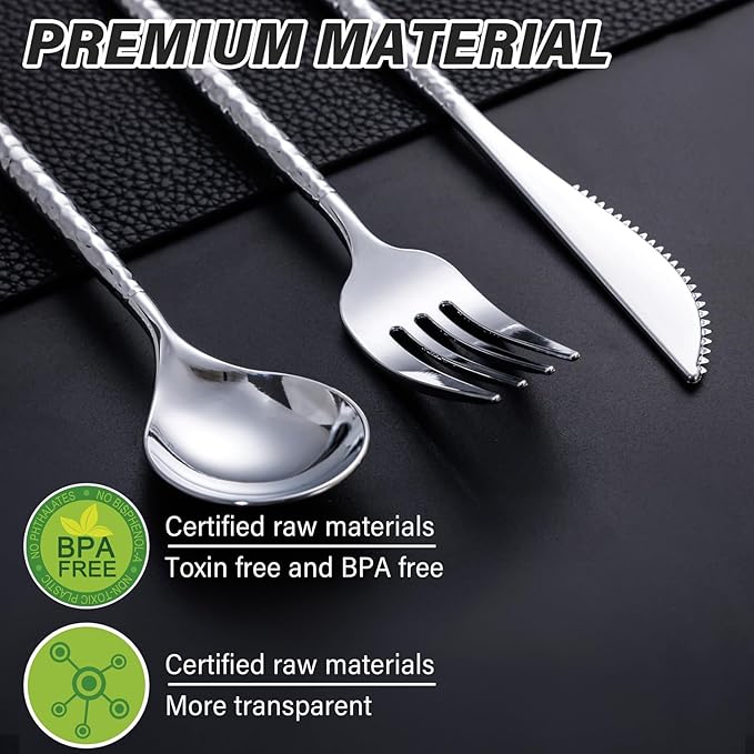 SUT 300PCS Silver Plastic Silverware, Utensils Plastic Disposable, Utensils Set Includes 100 Knives, Forks and Spoons, plastic cutlery, Disposable Silverware for Party, Hammered Silverware Set