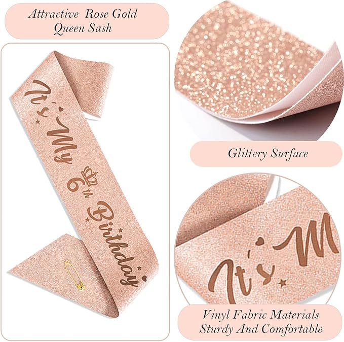 6th Birthday Decorations for Girls, Including 6 year old Birthday Cake Topper, Queen Sash with Pearl Pin, Sweet Rhinestone Tiara Crown, Number Candles and Balloons Set, Rose Gold