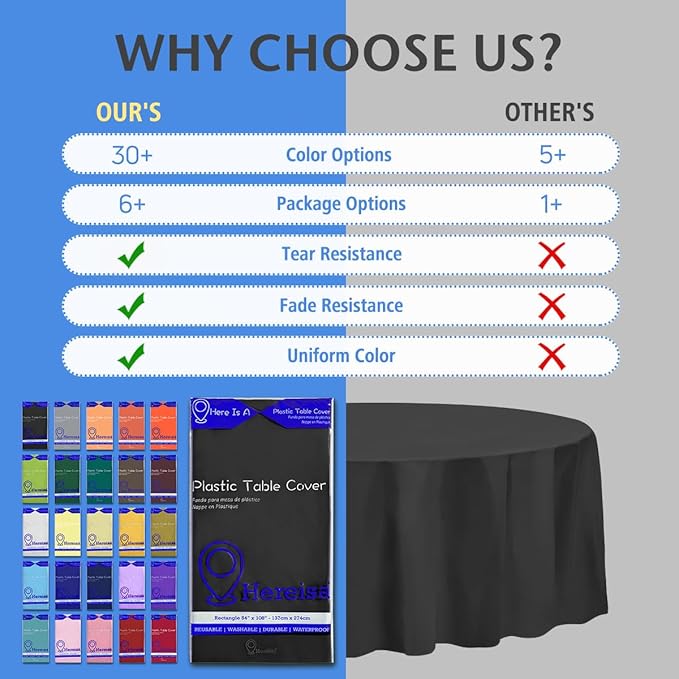 8-Pack Black Disposable Plastic Tablecloths Round 84 Inch Diameter - Heavy Duty Waterproof Party Table Covers for Weddings, Banquets & Events