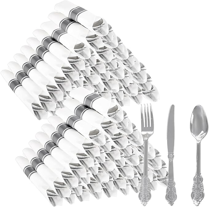 WELLIFE 50 Pack Silver Plastic Silverware,Christmas Silverware,Plastic Cutlery Set Include 50 Forks, 50 Knives, 50 Spoons and 50 Pre Rolled Napkins, Disposable Utensils for Party and Christmas