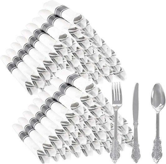 WELLIFE 50 Pack Silver Plastic Silverware,Christmas Silverware,Plastic Cutlery Set Include 50 Forks, 50 Knives, 50 Spoons and 50 Pre Rolled Napkins, Disposable Utensils for Party and Christmas