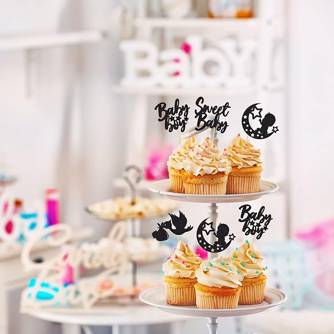 24Pcs Sweet Baby Boy Cupcake Toppers Black Glitter Moon Star Baby Shower Gender Reveal Cupcake Picks Decorations for Baby Shower Kids Boys Birthday Party Cake Decorations Supplies