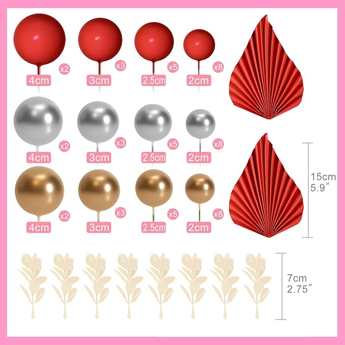 NEBURORA 64 Pcs Balls Cake Toppers and Leaves Decoration Set Mini Balloons for Cake Decorating Supplies Balls Cake decorations for Baby Shower Cake Toppers Birthday Cake Decorations(Red Gold)