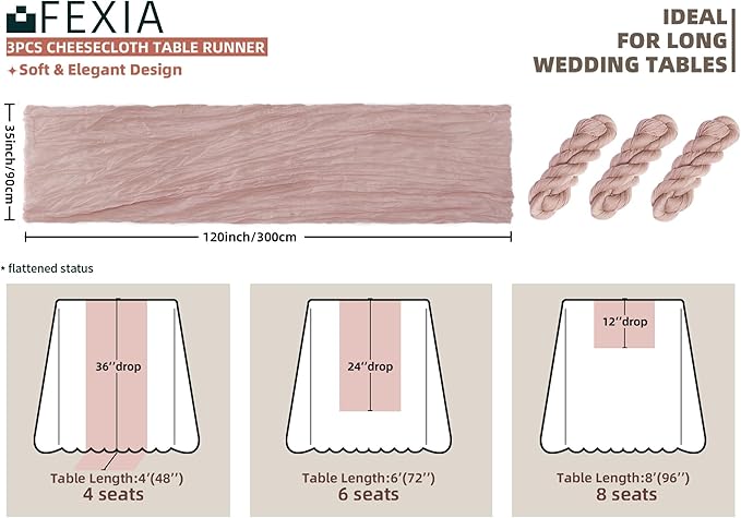 FEXIA 3 Pack Table Runner Dusty Pink Cheesecloth 35x120 Inches Spring Easter Table Runner Burnt for Wedding Decor Reception Bridal Shower Centerpiece Engagement Decor
