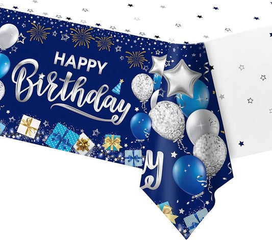 DUAIAI Happy Birthday Decorations, 1 Pcs Navy Blue and Silver Birthday Tablecloth for Boys Girls Men Women, Plastic Disposable Rectangle Table Cover for Birthday Party Supplies- 54" x 108"