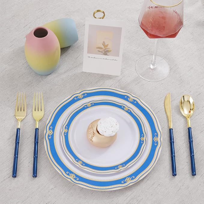 Supernal 180pcs Gold Plastic Silverware,Gold Plastic Cutlery with Blue Glitter Bamboo Handle,Elegant Durable Disposable Cutlery Heavy Duty include 60 Knives,60 Forks,60 Spoons