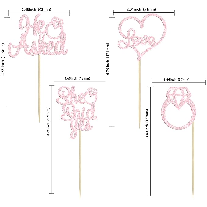 Gyufise 24 Pack He Asked She Said Yes Cupcake Toppers Light Pink Glitter Heart Ring Cupcake Picks Wedding Engagement Bridal Shower Party Cake Decorations Supplies