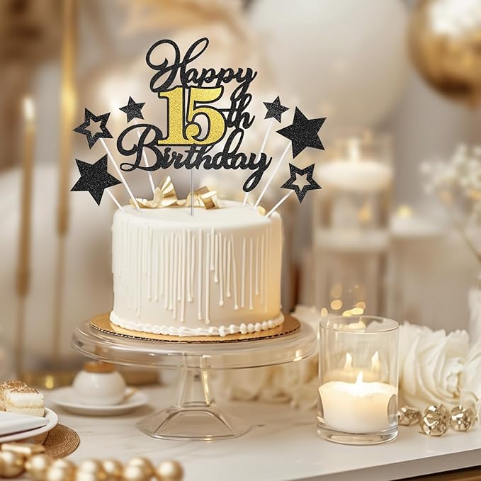 Happy 15th Birthday Cake Toppers, Black Gold Glitter Cake Decorations Set, 15th Birthday Decor for Boy Girl, Birthday Anniversary Party Decorations Supplies