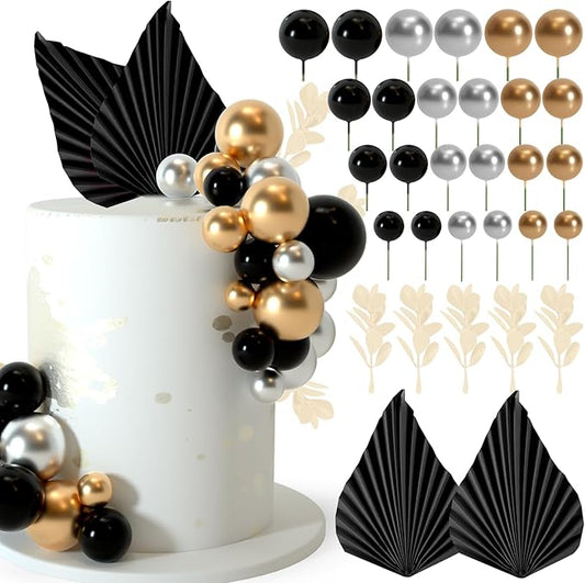 NEBURORA 64 Pcs Balls Cake Toppers and Leaves Decoration Set Mini Balloons for Cake Decorating Supplies Balls Cake decorations for Baby Shower Cake Toppers Birthday Cake Decorations (Black Gold）