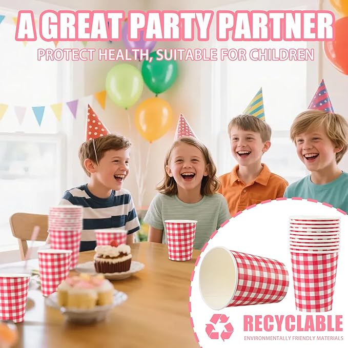 50 Pcs 8 oz Gingham Paper Cups, Disposable Gingham Cups, Checkered Cup for Hot Cold Beverage Birthday Party Supplies Decor (Red)