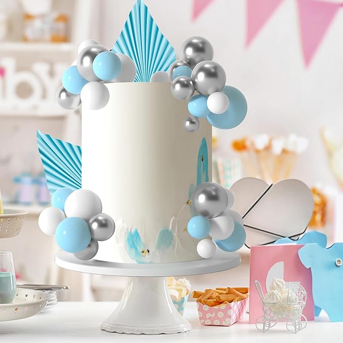 NEBURORA 64 Pcs Balls Cake Toppers and Leaves Decoration Set Mini Balloons for Cake Decorating Supplies Balls Cake decorations for Baby Shower Cake Toppers Birthday Cake Decorations(Blue Silver)