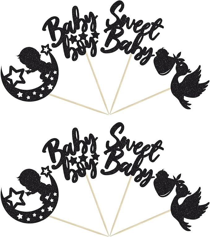 24Pcs Sweet Baby Boy Cupcake Toppers Black Glitter Moon Star Baby Shower Gender Reveal Cupcake Picks Decorations for Baby Shower Kids Boys Birthday Party Cake Decorations Supplies