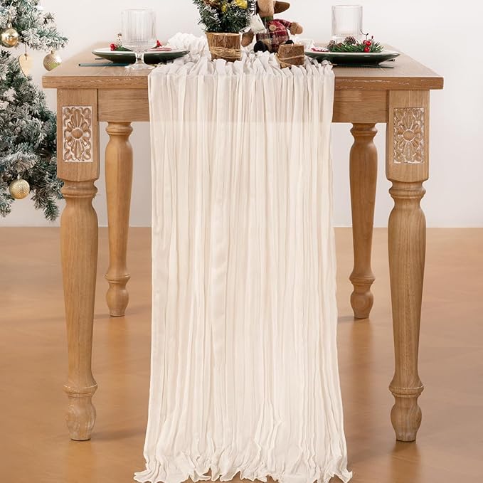 MLMC Ivory White Table Runner Rustic Gauze Cheesecloth Table Runner 10ft Cheese Cloth Centerpiece Decor 35x120 Inches for Dessert Anniversary Wedding Bridal Baby Shower Christmas Decor