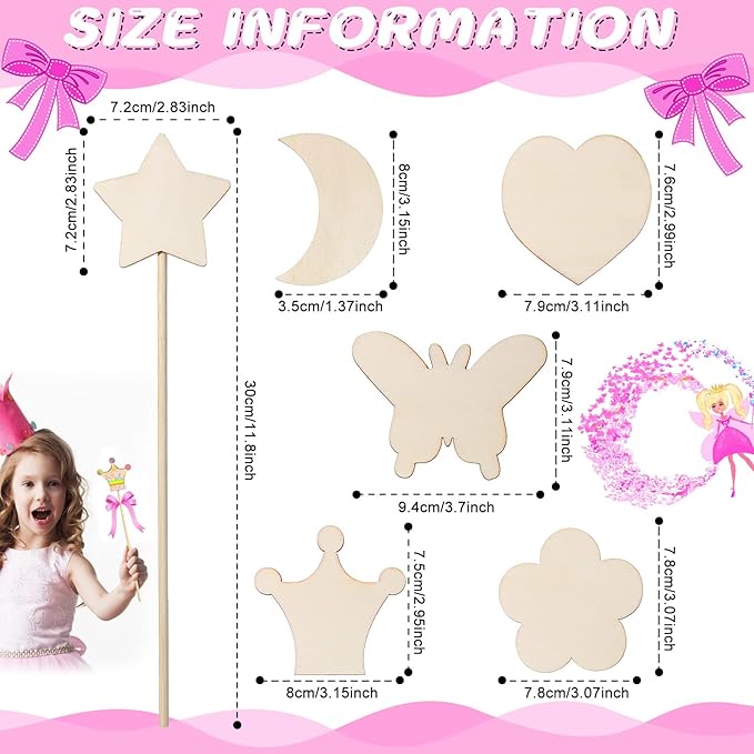 Cindeer 42 Pcs Princess Fairy Wands Kit, 36 Pcs Wooden Unfinished DIY Princess Wand with 6 Sheet Colorful Diamond Sticker for Girls Make Your Own Wand, Cosplay Costume Party Favor(Wood Color)