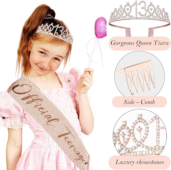 13th Birthday Decorations for Girls, Including 13th Happy Birthday Cake Toppers, Queen Sash with Pearl Pin, Sweet Rhinestone Tiara Crown, Number Candles and Balloons Set, Rose Gold
