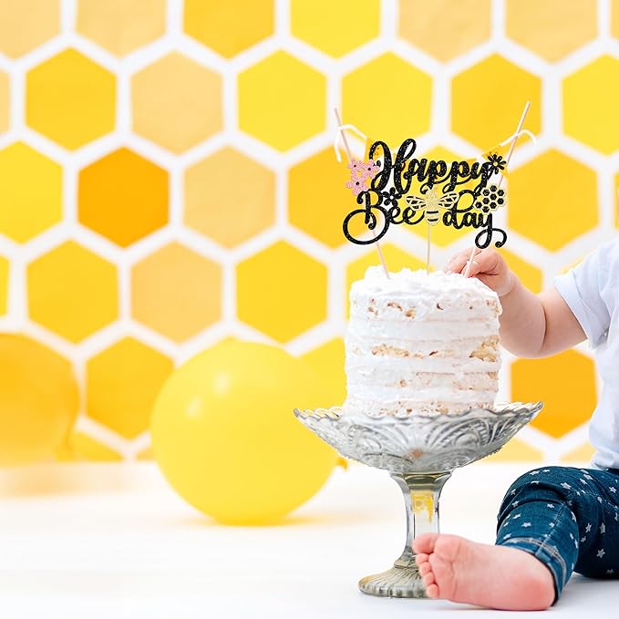 1 Pack Happy Bee Day Cake Topper Glitter Bumble Bee Theme Cake Pick Decorations for Baby Shower Kids Birthday Party Supplies Black