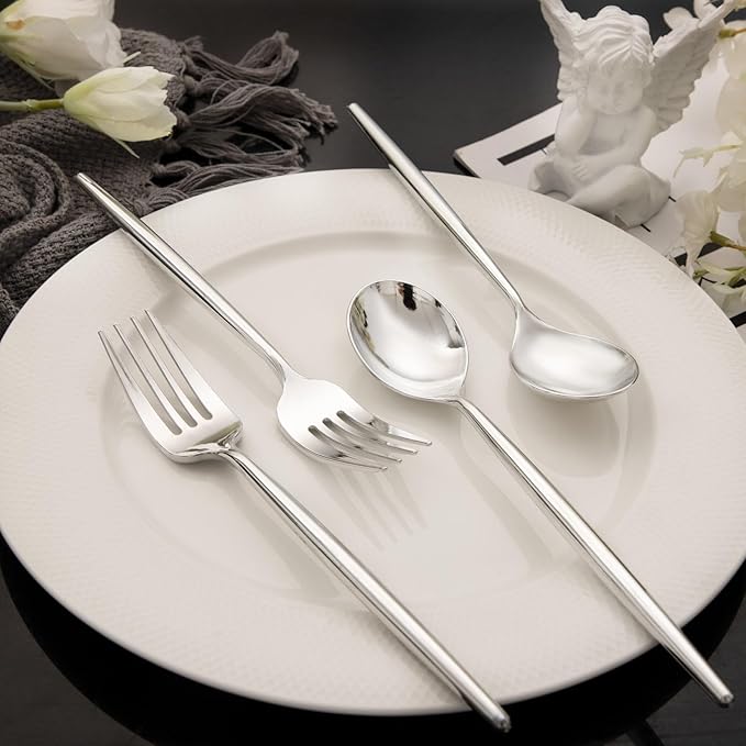 Rubtlamp 180 Pcs Silver Plastic Silverware, Silver Utensils Heavy Duty, Elegant Plastic Cutlery, Fancy Disposable Flatware, Forks Spoons and Knives Set For Party Mother's Day