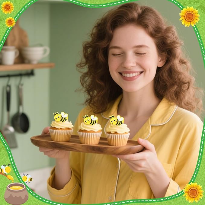 24 PCS Bee Cupcake Toppers Cupcake Rings Birthday Cupcake Toppers Bee Cupcake Picks Cake Decorations Supplies for Bee Theme Baby Shower Party