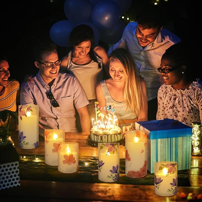 6Pack Flameless LED Candles with Remote Control and Timer-Floral Pillar Battery Operated Candle -(D3 X 4”5”6”) for Home décor, Wedding,Dinner,Holiday