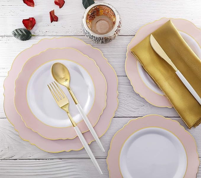 Supernal 102pcs Gold Plastic Cutlery, Durable Plastic silverware,Disposable Cutlerty with White Handle,Include 34 Forks,34 Knvies,34 Spoons, Suit for Wedding,Birthday,Party