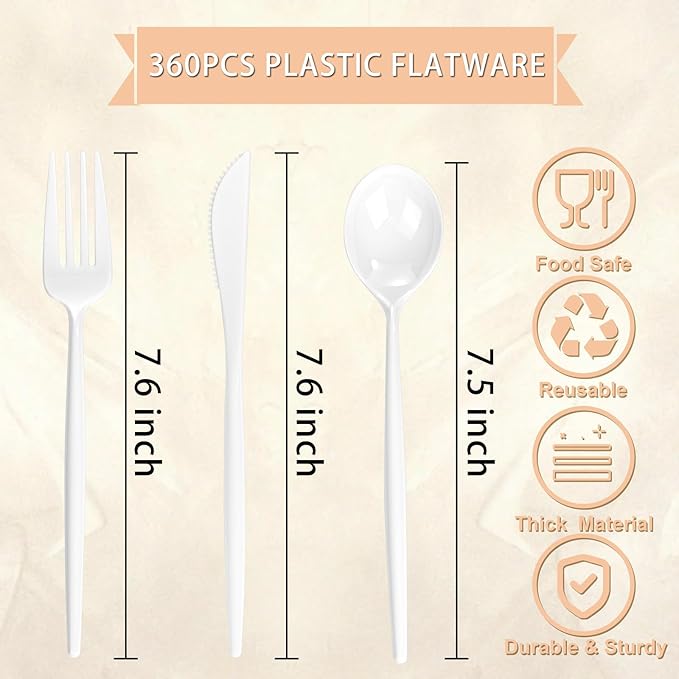 Supernal 360pcs White Plastic Silverware Heavy Duty Disposable Cutlery Set Includes White Party Knives,Plastic Forks and Spoons Suitable July 4th,Weddings & Birthday