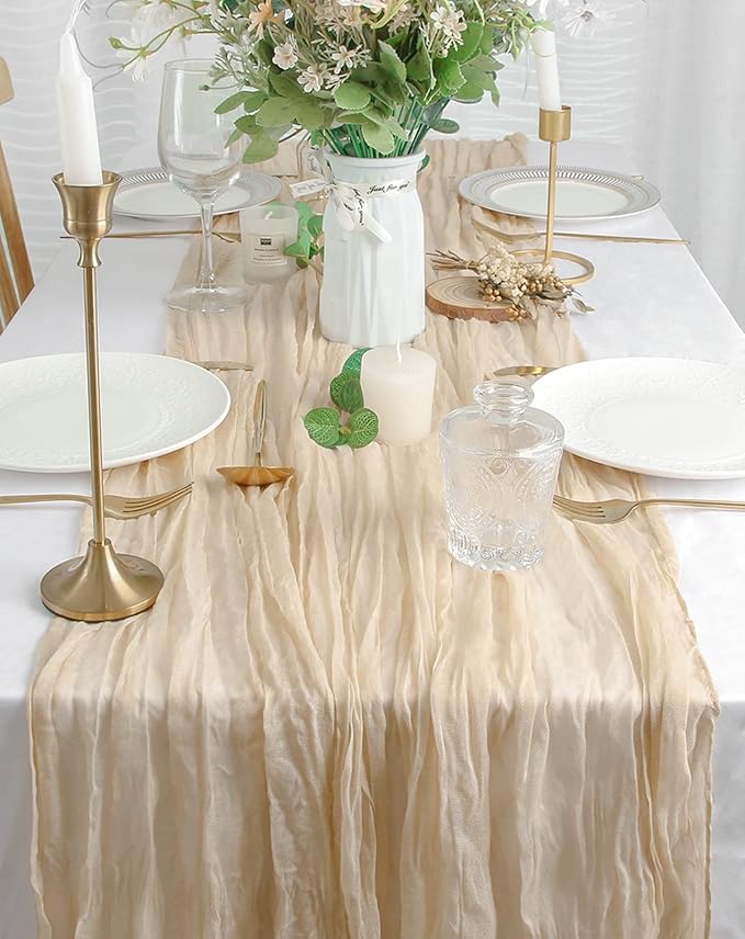 FEXIA 10 Pack Beige Gauz Table Runner 35x120 Inches Ivory Cheesecloth Rustic Boho Table Runner for Bridal Shower Wedding Party First Communion Centerpiece Engagement Rustic Boho Decoration