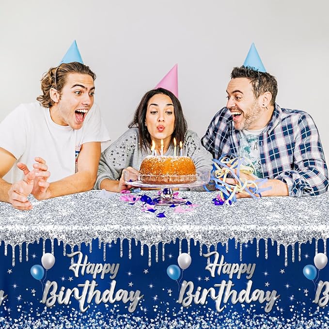 Happy Birthday Tablecloth,3pcs Navy Blue and Sliver Table Cloths for Parties Rectangle Glitter Navy Blue Birthday Decoration for 18th 21st 30th 40th 60th 70th Birthday Party Supplies