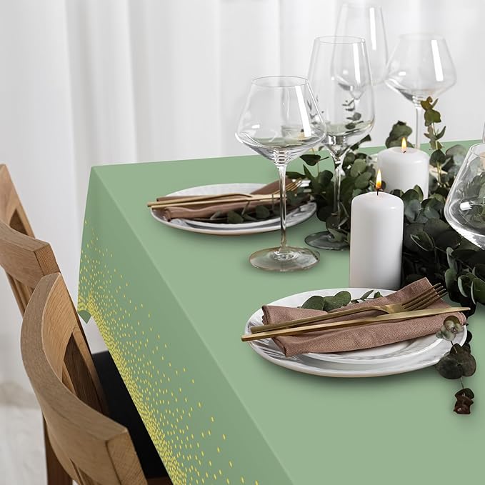 FunnyPars 1 Pack Sage Green and Gold Plastic Tablecloth, Green Disposable Table Cloth for Rectangle Tables, Gold Dot Light Green Tablecloth for Baby Shower Birthday Wedding Party Decorations, 54"x108"
