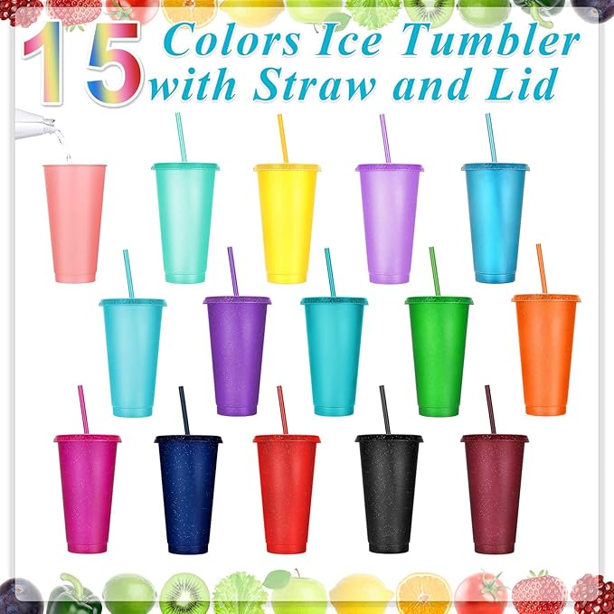 Honeydak 15 Pack Tumbler with Straw and Lid Bulk Cups for Gifts Glitter Plastic Coffee Cups 24-27 oz Reusable Water Bottle Iced Coffee Travel Mug Party Favors for Birthdays Travel (Vivid Color)