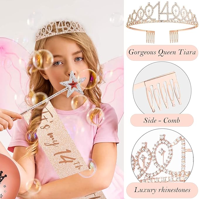 14th Birthday Decorations for Girls, 14th Birthday Sash and Crown, Cake Topper, Number Candles and Balloons, 14 Year Old Gifts for Girls