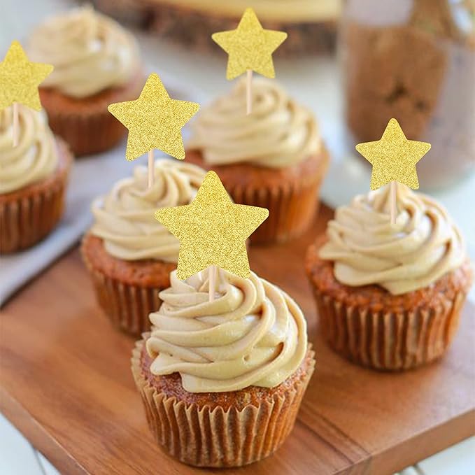 30 PCS Star Cupcake Toppers Glitter Assembled Twinkle Star Cupcake Picks Wedding Engagement Bridal Shower Birthday Party Cake Decorations Supplies Mixed Size Gold