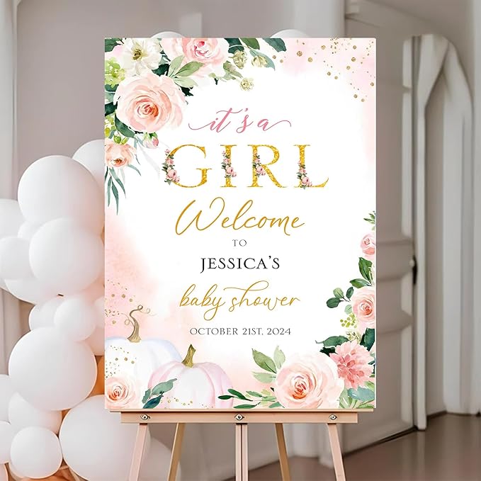 It's Girl Welcome Sign, Baby Girl Sign For Baby Shower, Baby Shower Welcome Sign With Stand, Floral Baby Shower Sign Decoration, Girl Baby Shower Decorations