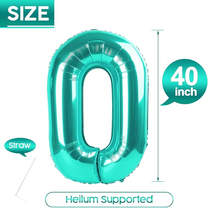 0 Balloon - Teal Birthday Number Balloons, 40 Inch Large Foil Balloons for Men Women Boys Girls Teal Themed Birthday Decorations